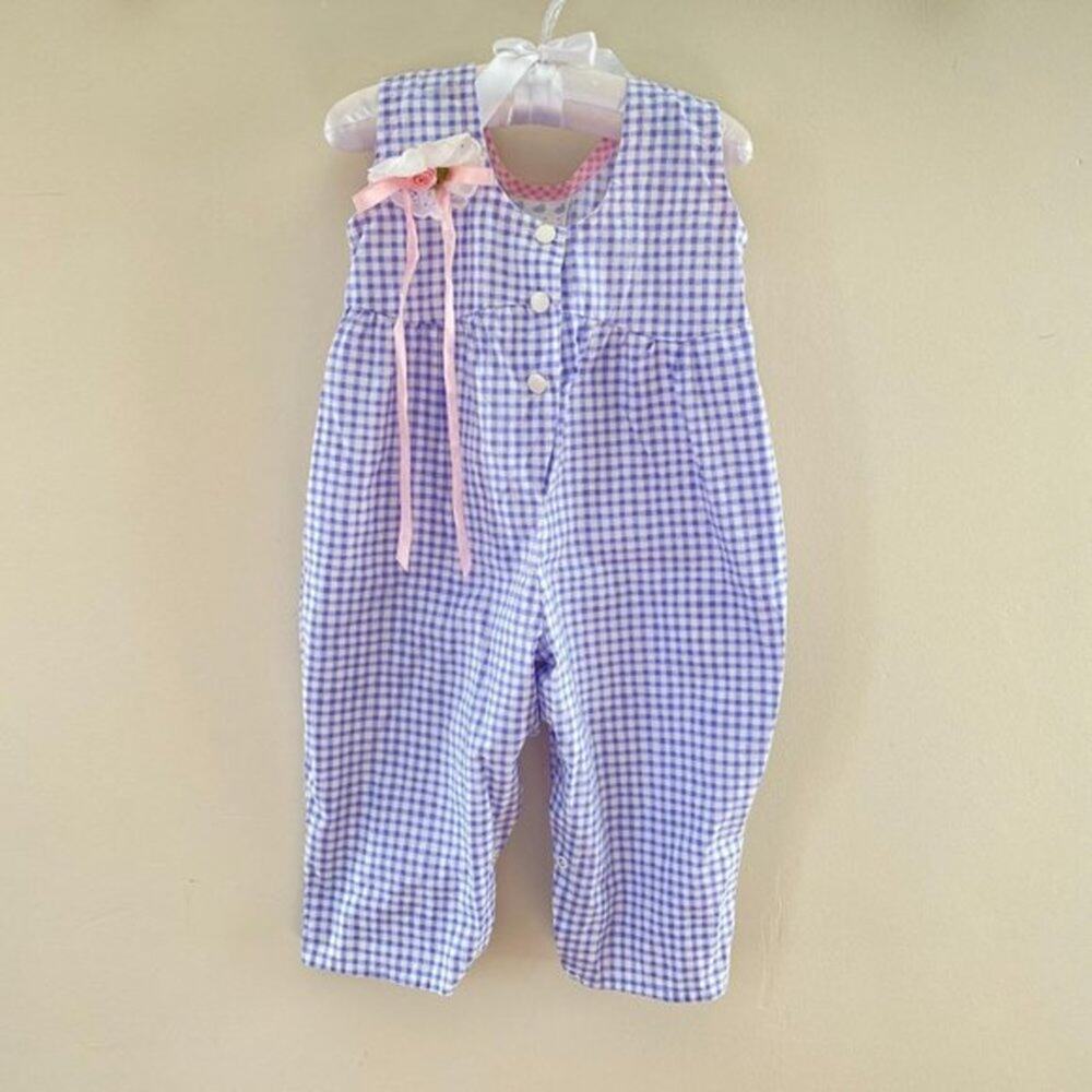 Vintage Lavender Gingham Girls Romper with Pink Bow